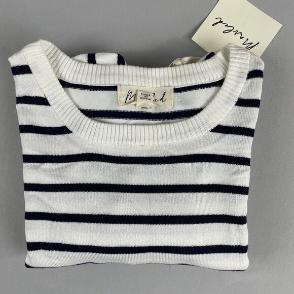 Marled Short Sleeve Sweater Women's Small Ivory Navy Stripped Preppy Basic - Picture 3 of 14